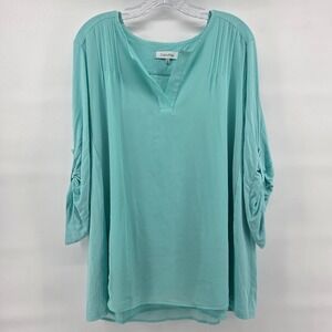 Calvin Klein Blouse XL Teal Roll Tab Sleeve Pleated Mixed Media Casual Office